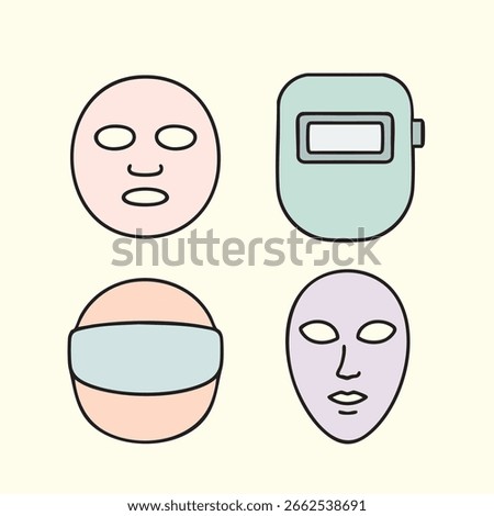 Four colored mask icons including a skincare sheet mask, welding helmet, eye blindfold, and stylized theater mask.