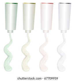 Four colored open tubes with cream isolated on a white background