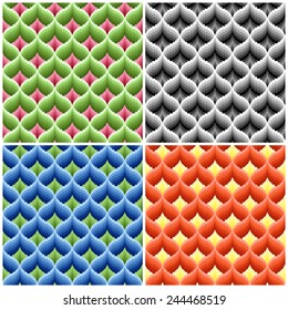Four colored ornamental seamless vector patterns in single file, like a pseudo 3D images