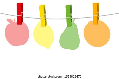 Four colored paper fruits and clothes pins on a clothes line rope. Isolated vector illustration on white background.
