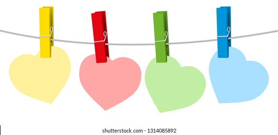 Four colored paper hearts and clothes pins on a clothes line rope. Isolated vector illustration on white background.
