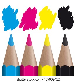 four colored pencils showing CMYK color management