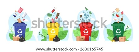 Four colored recycling bins labeled paper, plastic, glass, and organic with matching waste items floating above on a light blue background. Vector illustration