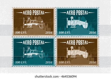 Four Colored Retro Style Stamps with Old Inverted Airplane and Text in Front of the City Silhouette on Album Page Illusion - Brown and Turquoise Elements on White Grunge Background - Flat Design