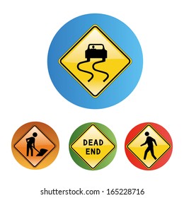 four colored round icons of cars, repairs and symbols