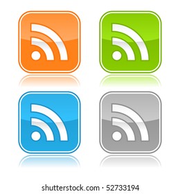 Four colored rounded square web button with rss sign on white