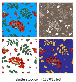 Four colored rowan berries and leaves seamless pattern on different backgrounds. For postcard, design, pattern, advertising, textile fabric, autumn floral theme.