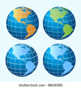 Four colored sphere globes showing America continents