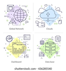 Four Colored Square Datacenter Icon Set With Descriptions Of Global Network Clouds Dashboard And Data Base Vector Illustration