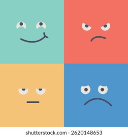 Four colored squares, each displaying a different cartoon face representing emotions. 