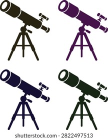 Four colored telescopes on tripods for stargazing