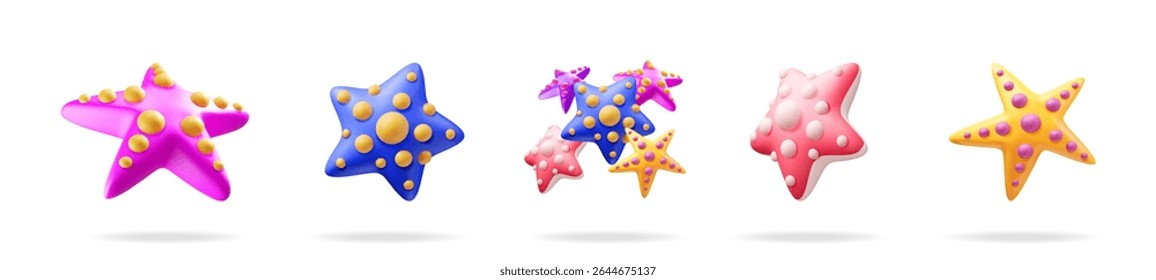 Four colorful 3d starfish collection. Cute ocean animal illustration set for summer design. Underwater world element for kids.