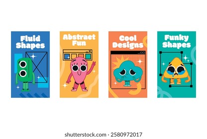 Four colorful abstract character illustrations with playful expressions, each representing different design themes: Fluid Shapes, Abstract Fun, Cool Designs, and Funky Shapes.