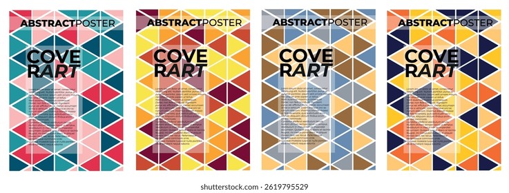 Four colorful abstract posters featuring overlapping triangles and text create a modern and vibrant design