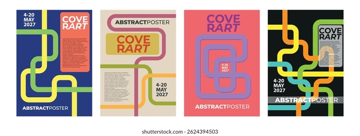 Four colorful abstract posters with intertwined lines, dates, and sample text, ideal for cover art or decorative purposes