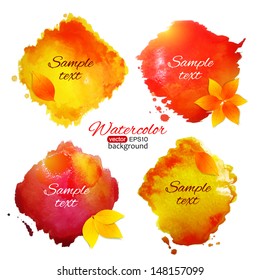 Four colorful aquarelle shapes with autumn leaves. Vector illustration.