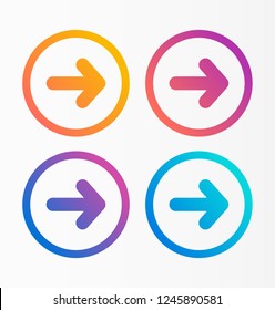 Four colorful arrow buttons. Simple circle shape with rounded arrow in it. Gradient bright colors. Neon light, contemporary modern style. Vector illustration.