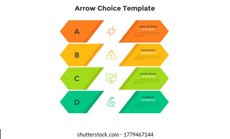 Four colorful arrow-like elements placed one below other. Concept of 4 levels of business project development. Minimal infographic design template. Modern flat vector illustration for presentation.