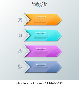 Four colorful arrows or bookmarks with place for text inside, thin line symbols placed one below other. Concept of planning list with 4 steps. Infographic design template. Vector illustration.