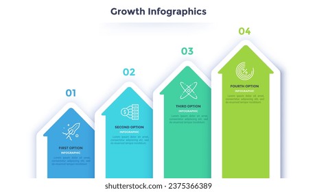 Four colorful arrows placed in hirizontal row. Concept of 4 stages of business growth and progress. Flat infographic design template. Minimal vector illustration for development process visualization.