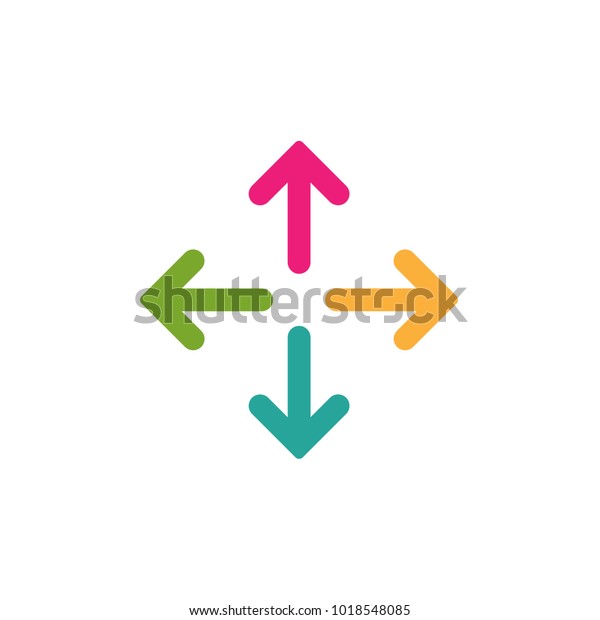 four colorful arrows point out\
from the center. Expand Arrows icon. Outward Directions icon.\
Vector illustration. Isolated on white. green, blue, pink,\
yellow