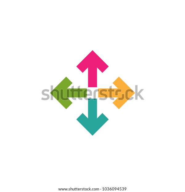 four colorful arrows point out\
from the center. Expand Arrows icon. Outward Directions icon.\
Vector illustration. Isolated on white. green, blue, pink,\
yellow