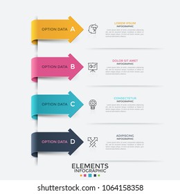 Four colorful arrows pointing at linear pictograms and text boxes. Concept of list with 4 options or features. Modern infographic design template. Vector illustration for website, presentation.