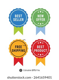 Four Colorful Award Seals Best Seller New Offer Free Shipping Best Product Badges