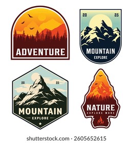 Four colorful badges depict themes of adventure and nature. Each features mountains forests and sunrise showcasing exploration in outdoor settings.