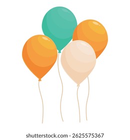 Four colorful balloons floating on white background are representing joy and happiness