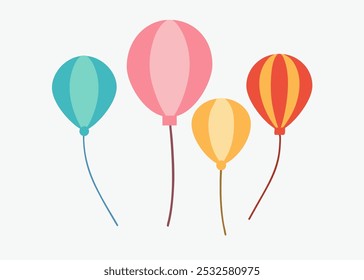 Four colorful balloons with long strings. The balloons are in different colors and sizes, and they are all floating in the air. Concept of joy and celebration