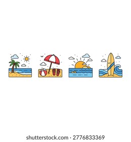 Four colorful beach scenes show a palm tree by the ocean, umbrella with ball and sandals, sunset over waves, and surfboard on sand.