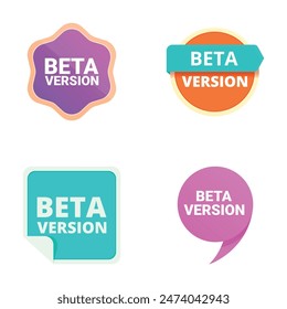 Four colorful beta version badges in various shapes for software development marketing