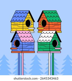 Four colorful birdhouses mounted on poles with pine tree silhouettes background in cartoon illustration vector perfect for spring, nature, wildlife, and garden