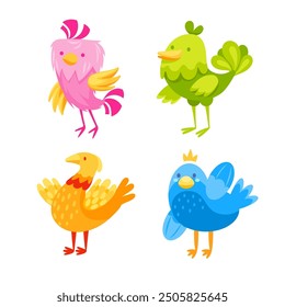 Four colorful birds standing on thin legs with wings spread wide and smiling happily