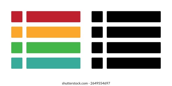 Four colorful and black rectangular list icons with rounded corners on a white background
