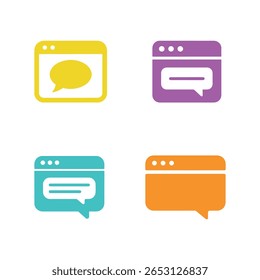 Cuatro iconos coloridos de la ventana del navegador con burbujas de chat en amarillo, púrpura, turquesa y naranja sobre un fondo blanco, ilustración limpia para proyectos de Diseño web.