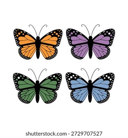 Four colorful butterflies with patterned wings illustrated on white background
