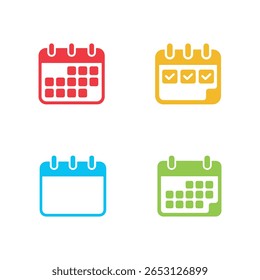 Four colorful calendar icons in red, yellow, blue, and green on a white background, showcasing different states and designs for planning and scheduling.