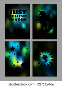 Four colorful cards with image of a unicorn. Motivational postcards. Vector.
