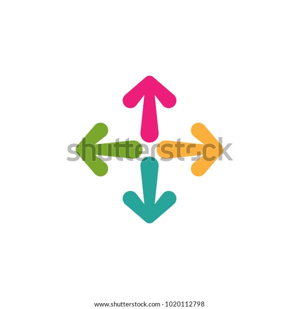 four colorful cartoon\
arrows point out from the center. Expand Arrows icon. Outward\
Directions icon. Vector illustration. Isolated on white. green,\
blue, pink, yellow