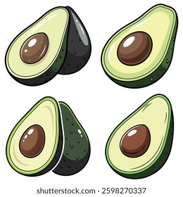Four Colorful Cartoon Avocado Halves