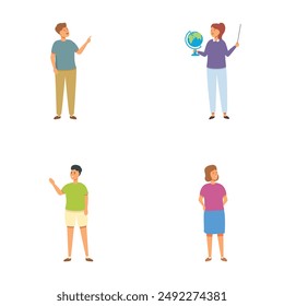 Four colorful cartoon characters engaging in various activities illustrated on white background