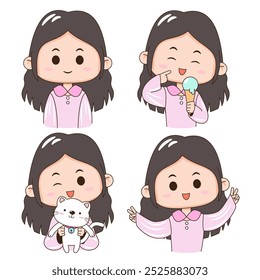 Four colorful cartoon illustrations of a happy young girl in various poses, including holding an ice cream and a cat. Perfect for kid-friendly and educational content.