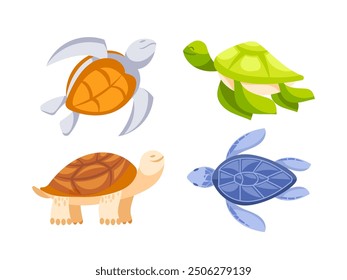 Four colorful cartoon turtles swimming and walking, isolated on white background