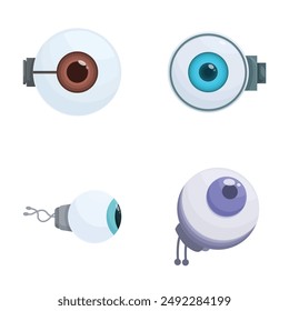 Four colorful, cartoonstyle robotic eyes on a white background, perfect for techthemed projects