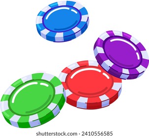 Four colorful casino chips isolated on white background. Gambling tokens, poker game, betting leisure concept. Casino currency for games vector illustration.