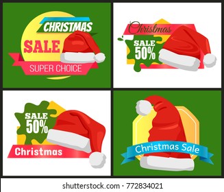 Four colorful Christmas sale advertising cards vector illustration with festive red hats, cute ribbons promo messages isolated on white and deep green