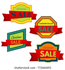 Four colorful Christmas Sale badges on white background. Vector illustration.
