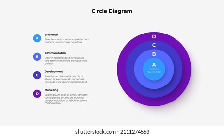 Four colorful circle elements with letters. Concept of layers business model. Creative infographic presentation. Vector illustration with 4 steps.